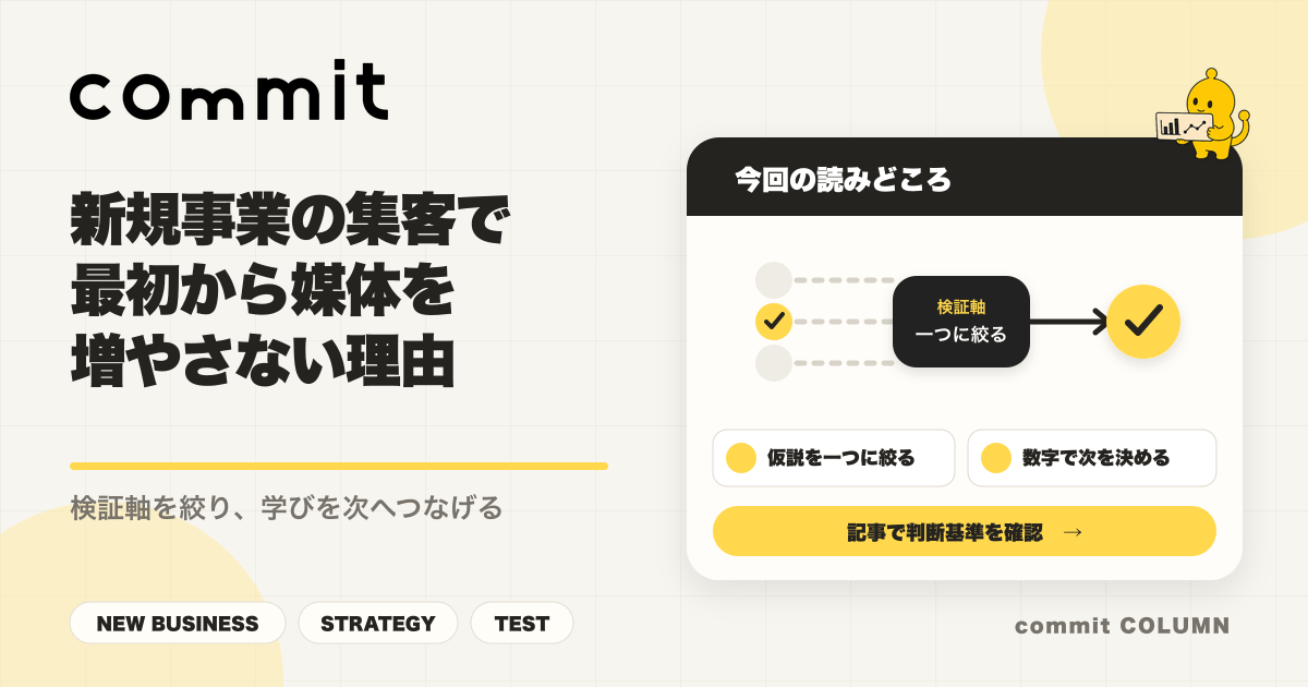 新規事業の集客で媒体を増やす前に検証軸を絞る考え方を解説するcommit Columnのサムネイル